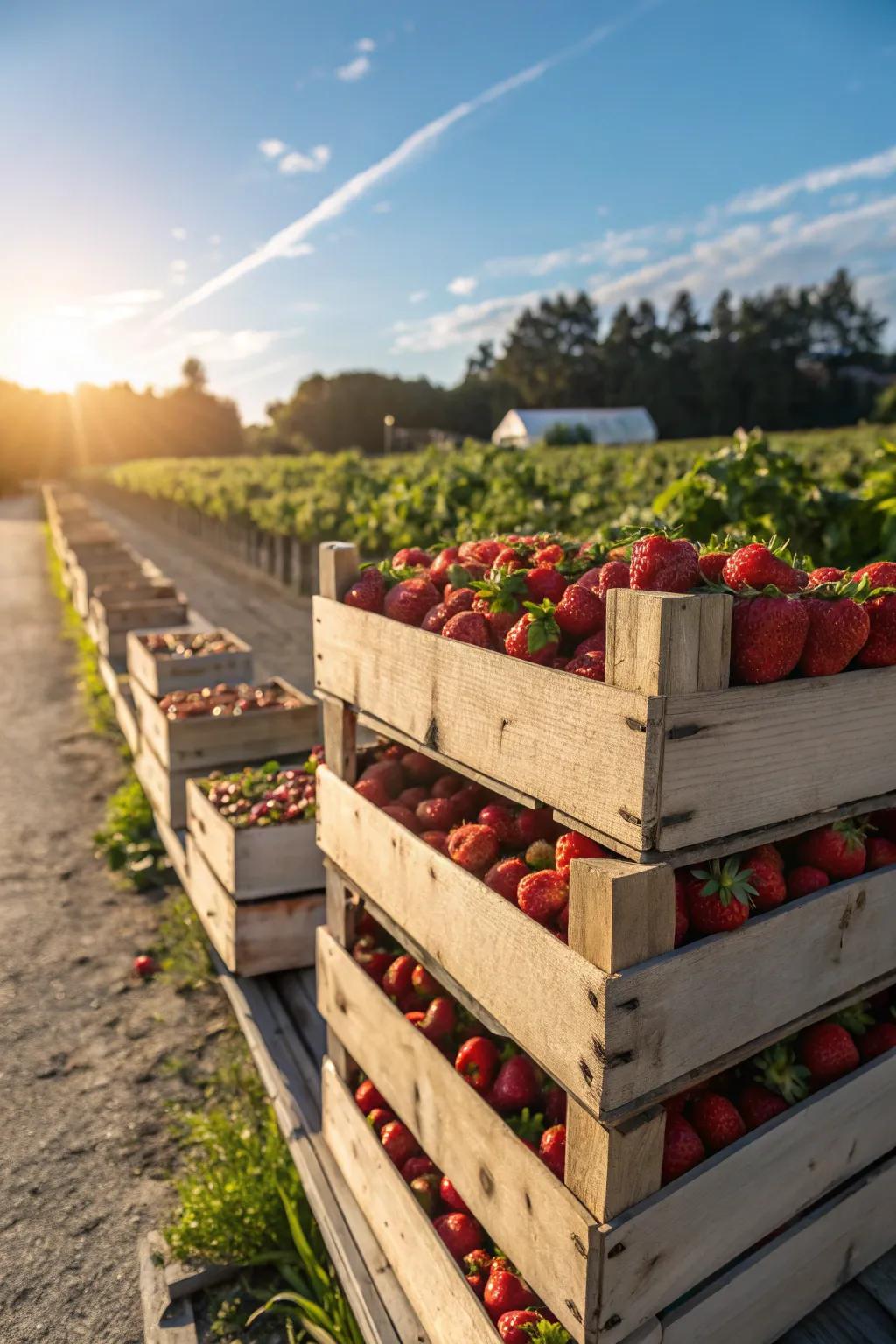 Farm-fresh strawberries in wooden crates