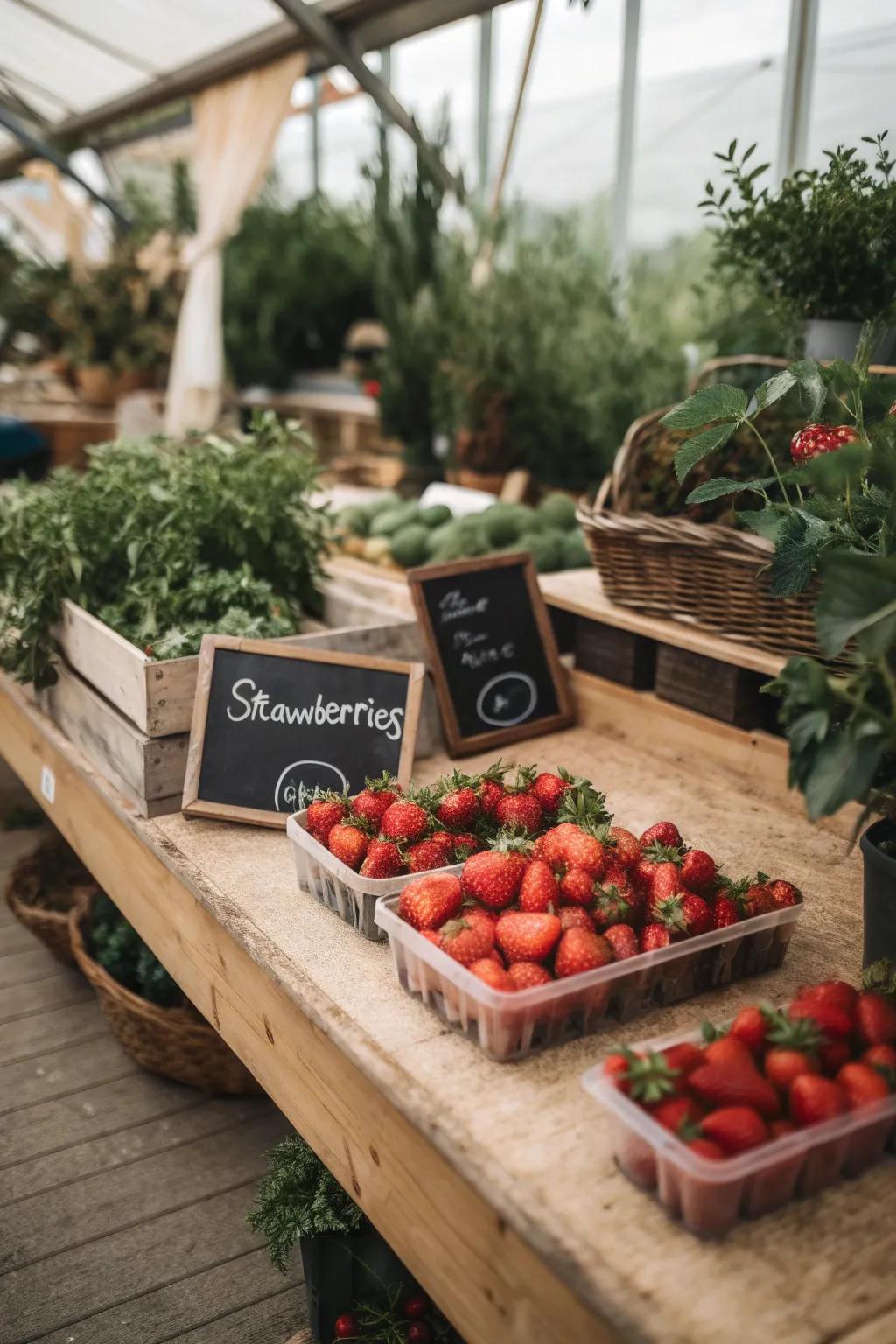 Home market stall with strawberries and chalkboard labels