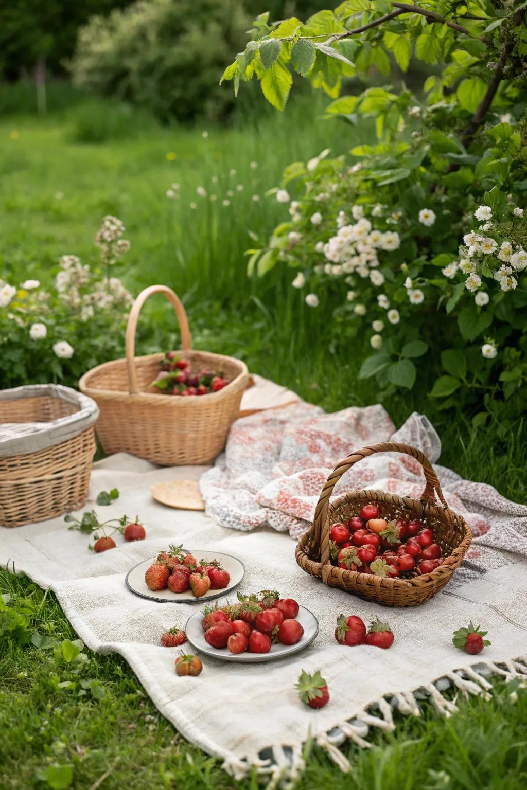 Garden party strawberry display on a picnic blanket