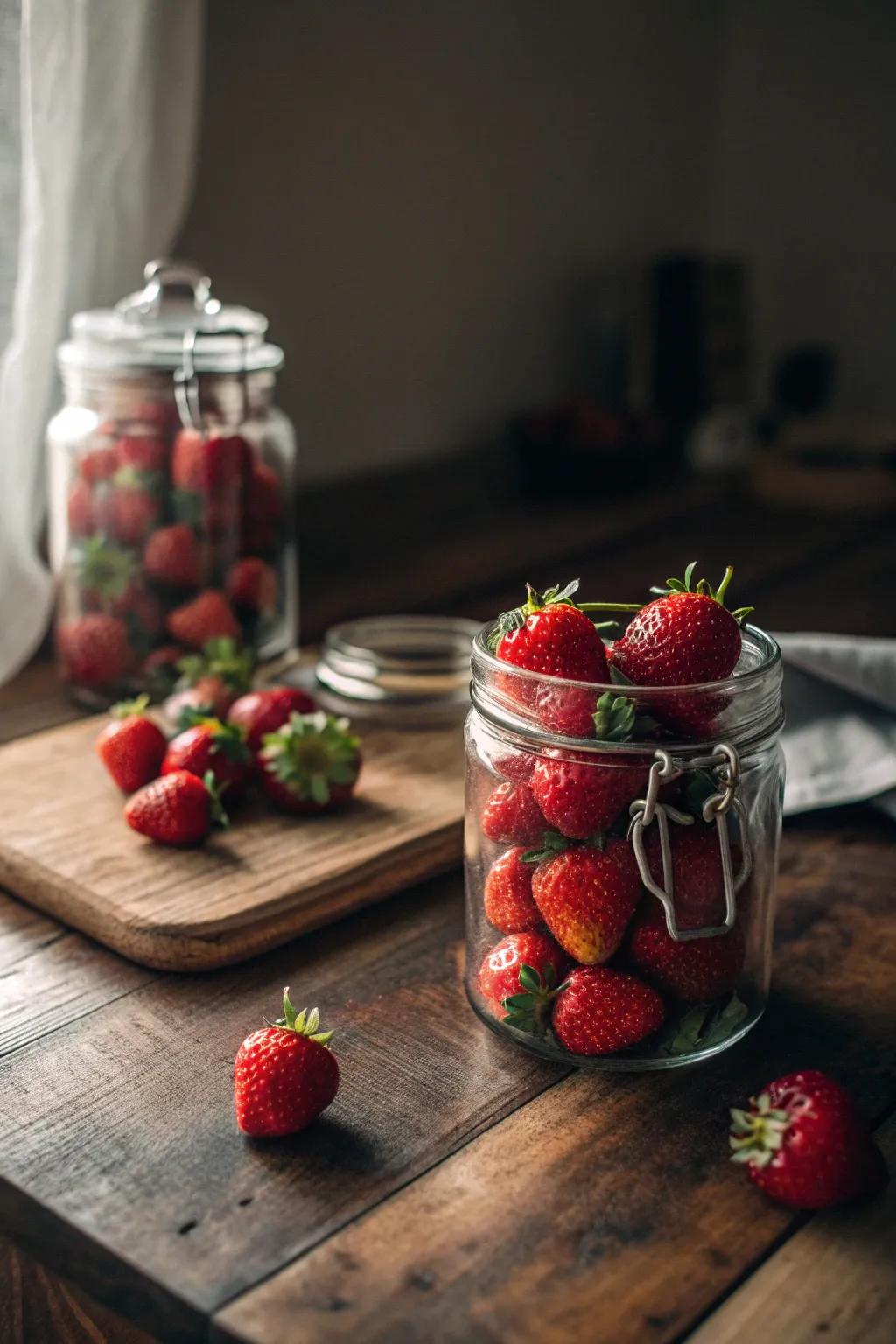 Nostalgic strawberry display in vintage glass jars