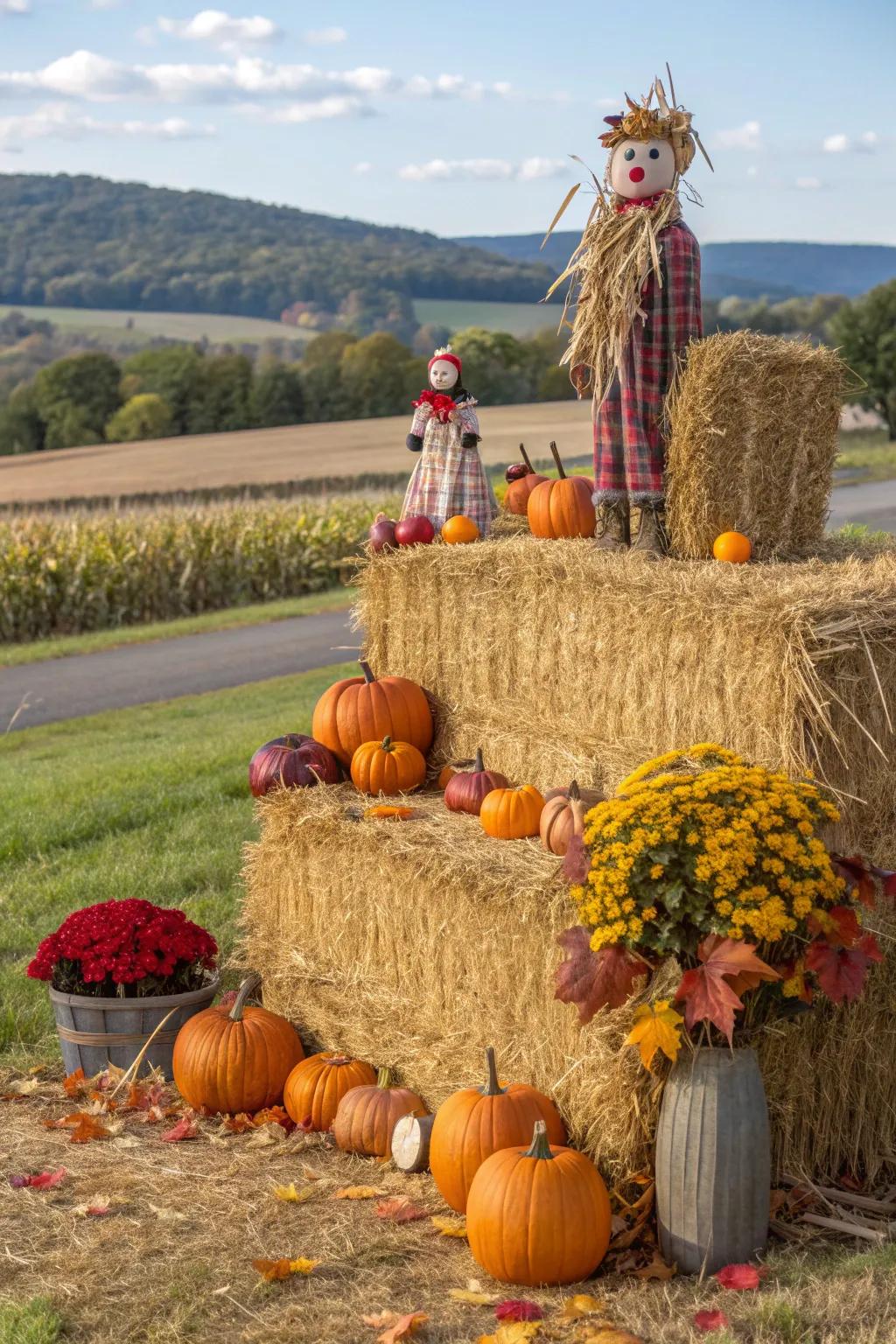 An autumn-themed hay bale adorned with pumpkins and fall foliage.