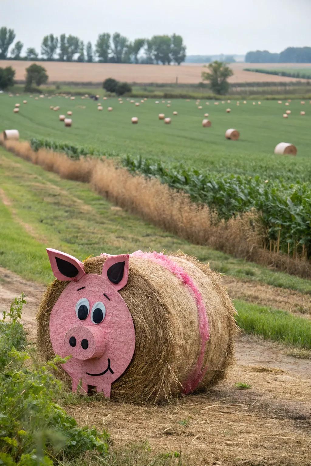 A hay bale cleverly transformed into a cute pink pig.