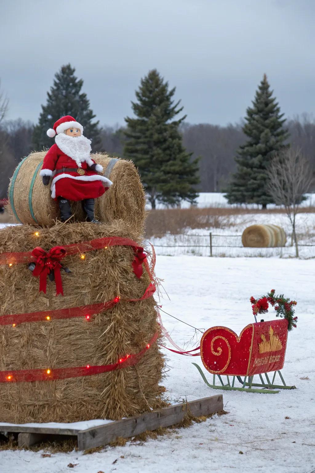 A festive hay bale dressed up as Santa Claus, spreading holiday cheer.