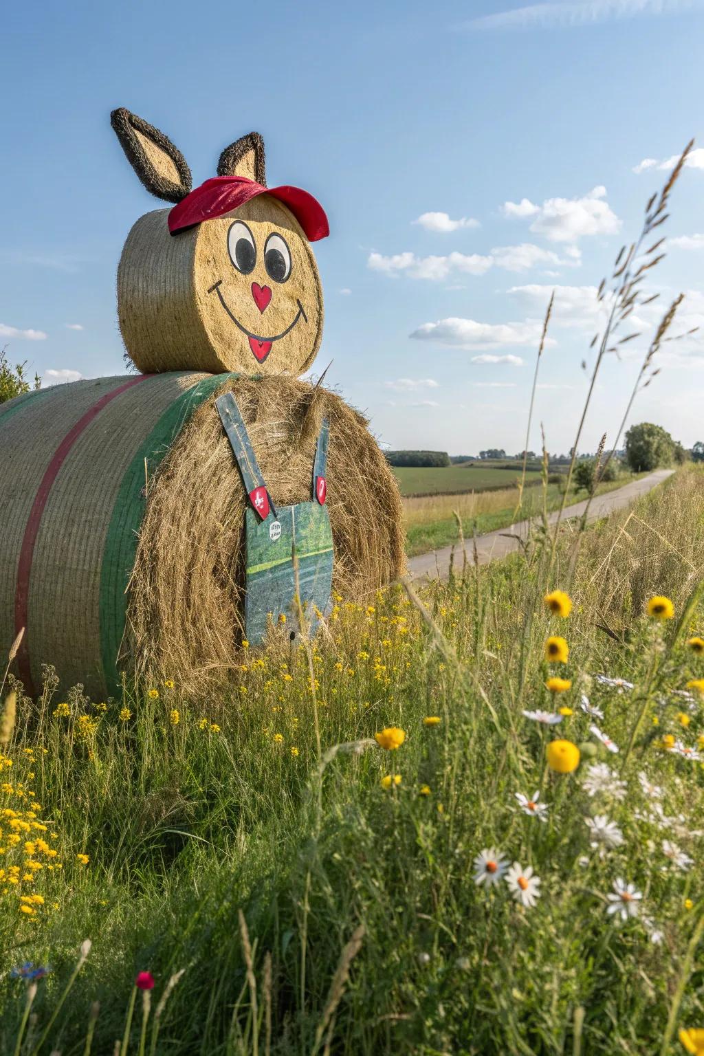 A hay bale creatively transformed into a beloved cartoon character.
