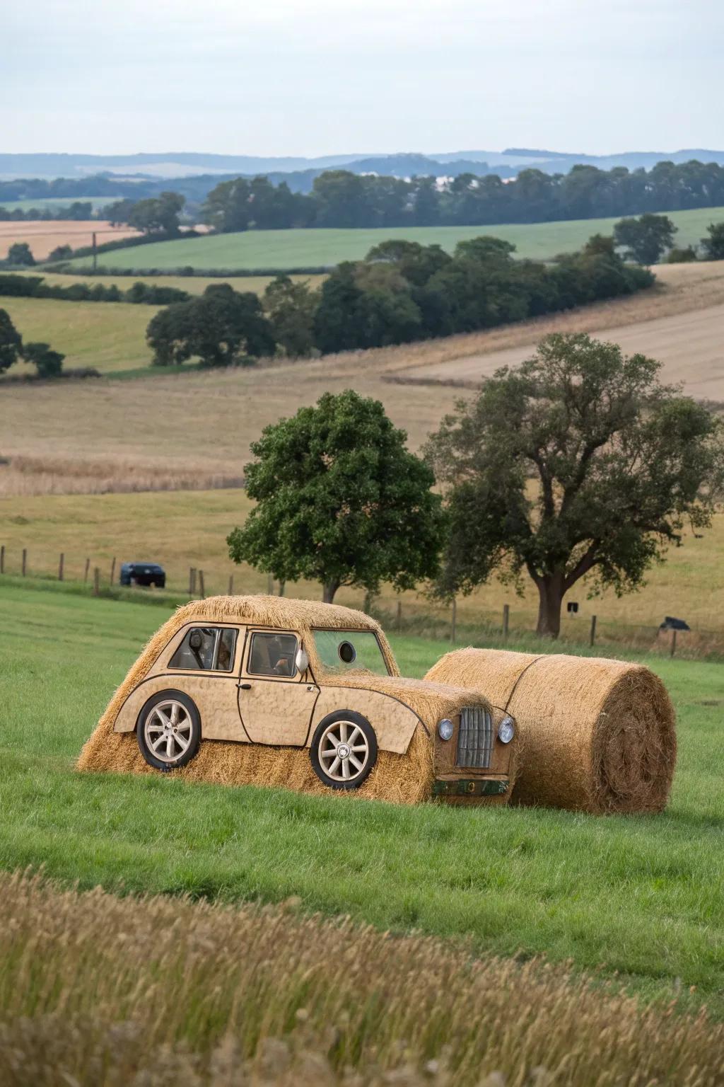 A hay bale ingeniously turned into a retro car.