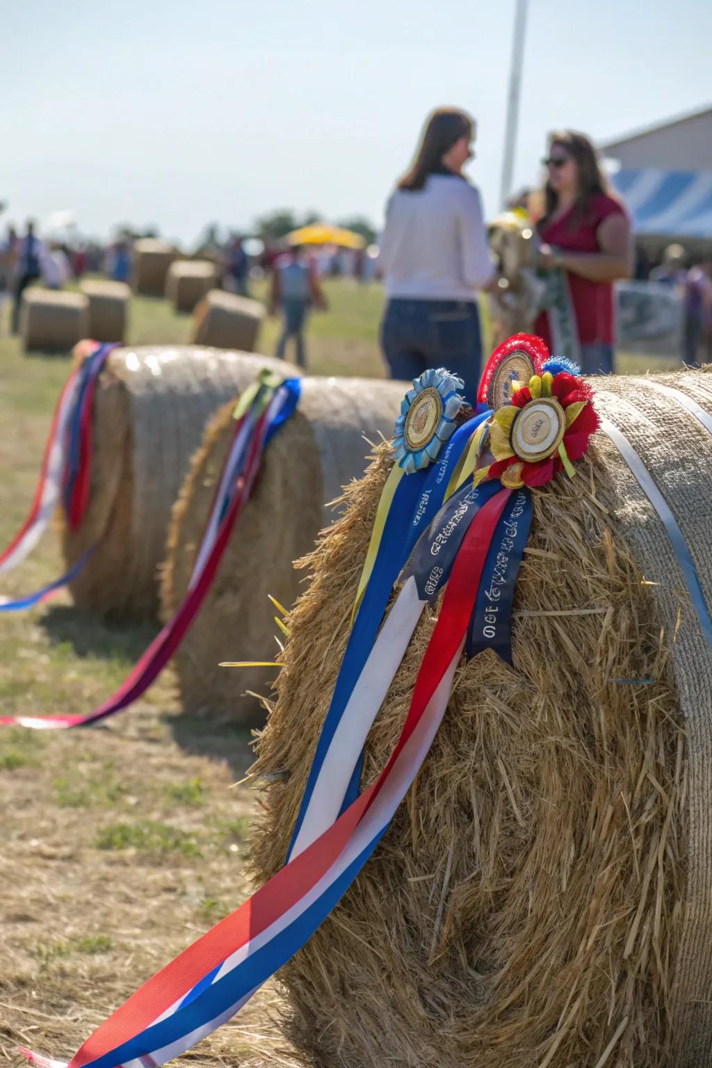 A hay bale adorned with ribbons, ready to claim the top prize.