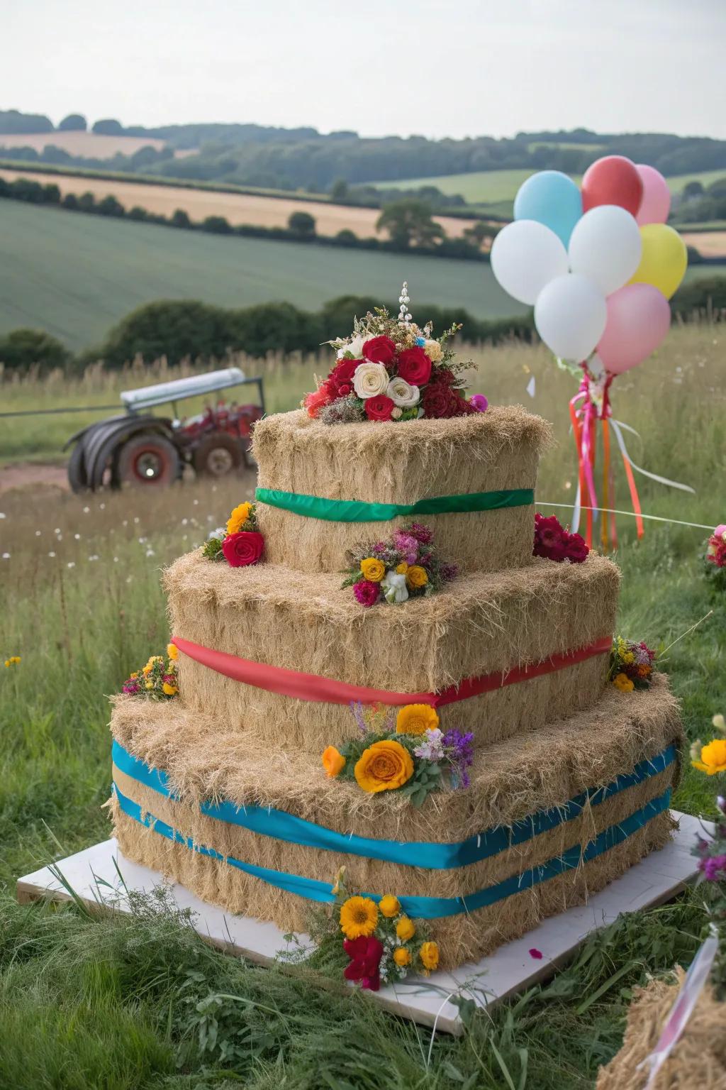 A hay bale creatively turned into a delicious slice of cake.