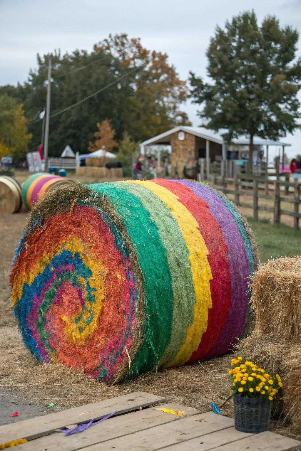 A hay bale painted with a spectrum of vibrant colors, making a bold statement.