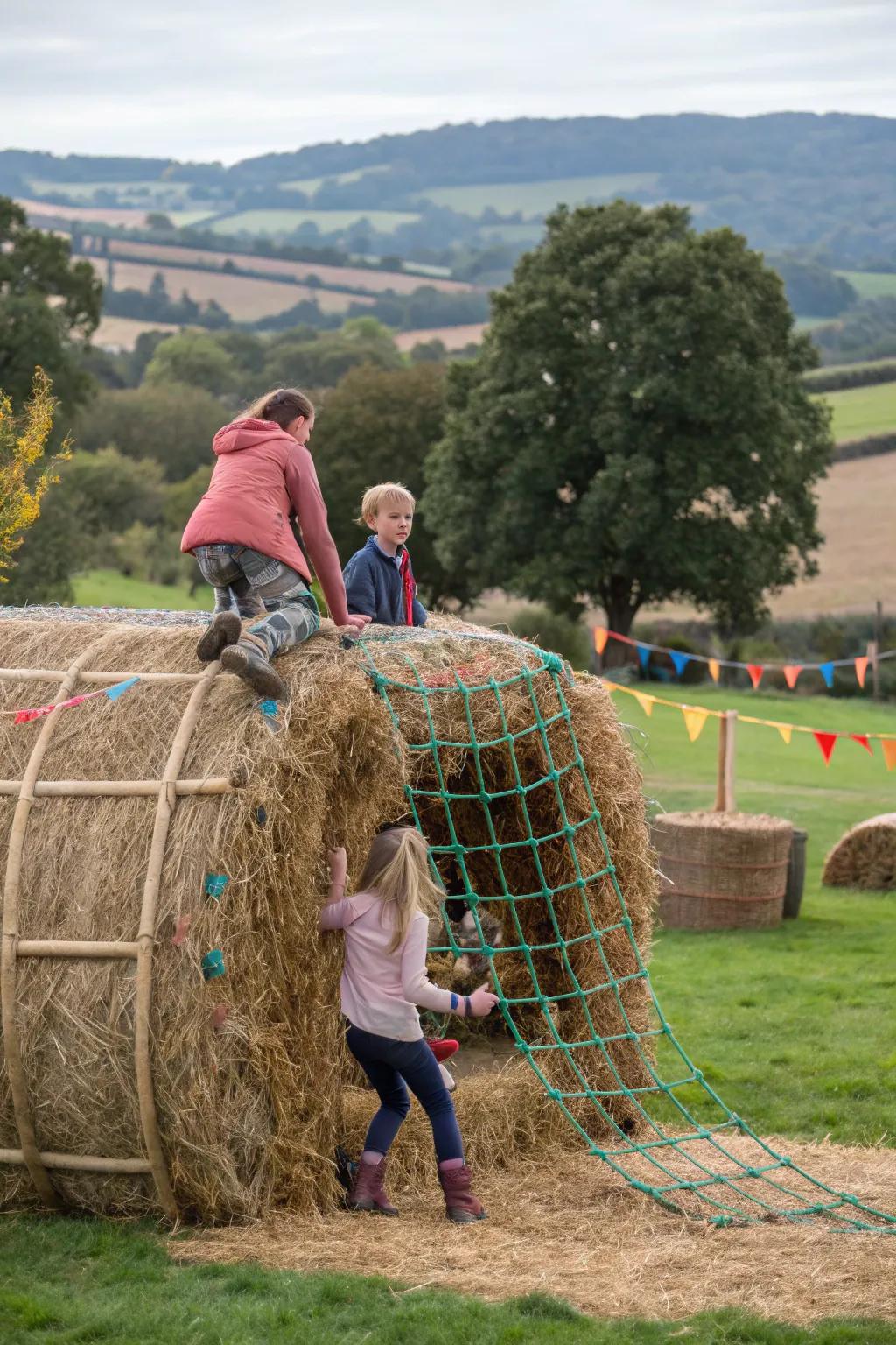 A hay bale designed as a playful and interactive playground.