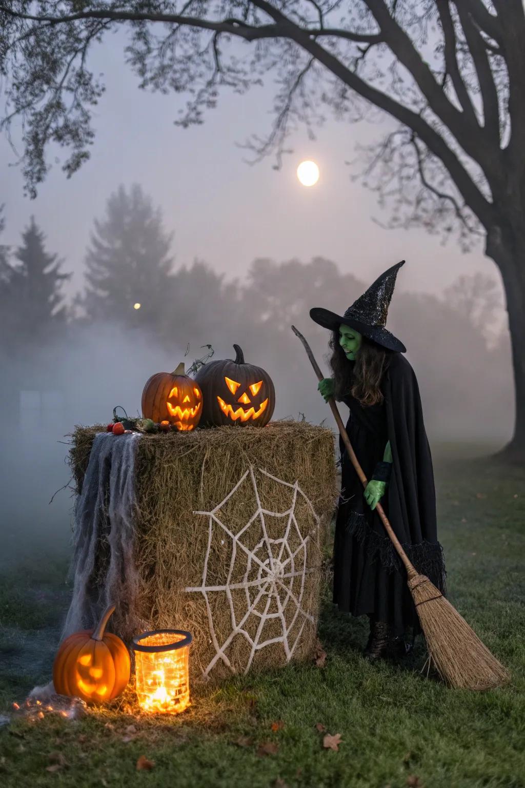 A hay bale transformed into a spooky Halloween witch.