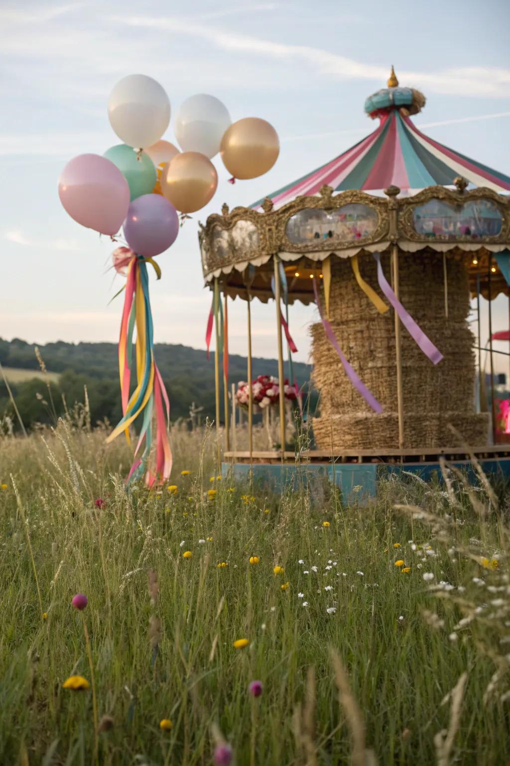 A hay bale elegantly crafted as a fairground carousel.