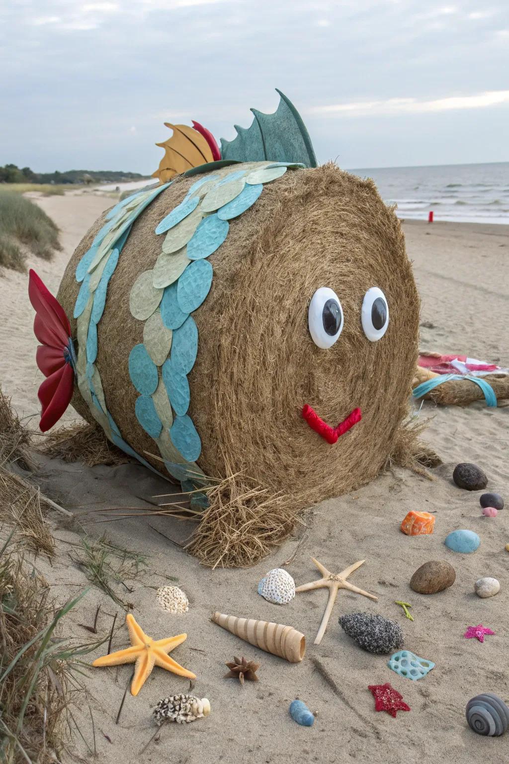 A hay bale imaginatively turned into a giant fish, bringing the ocean to life.