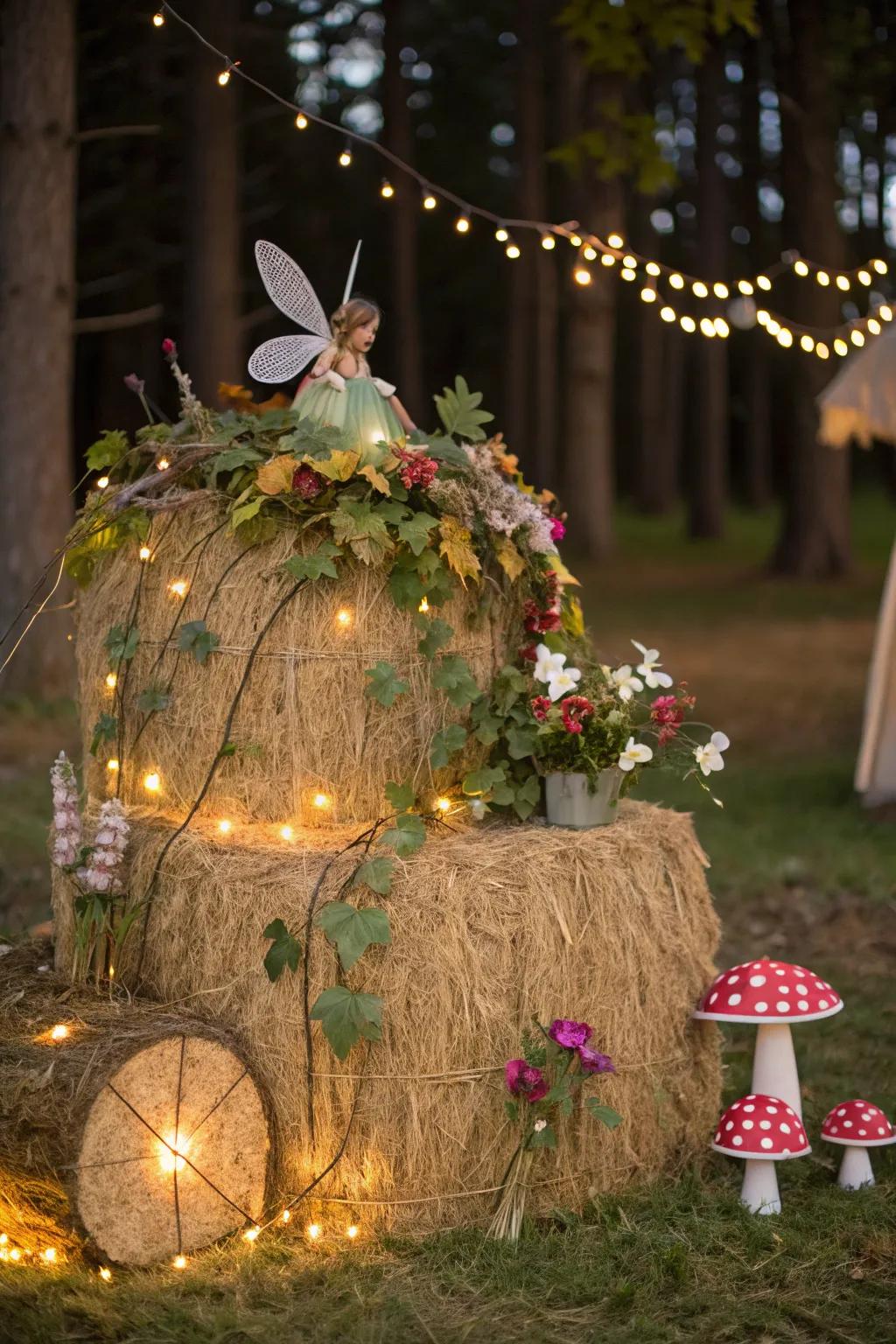 A hay bale beautifully crafted into an enchanting forest scene.