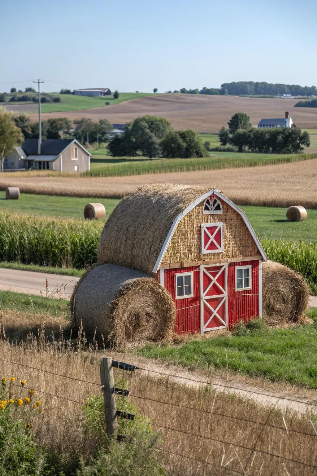 A hay bale turned into a charming barn, celebrating farm life.