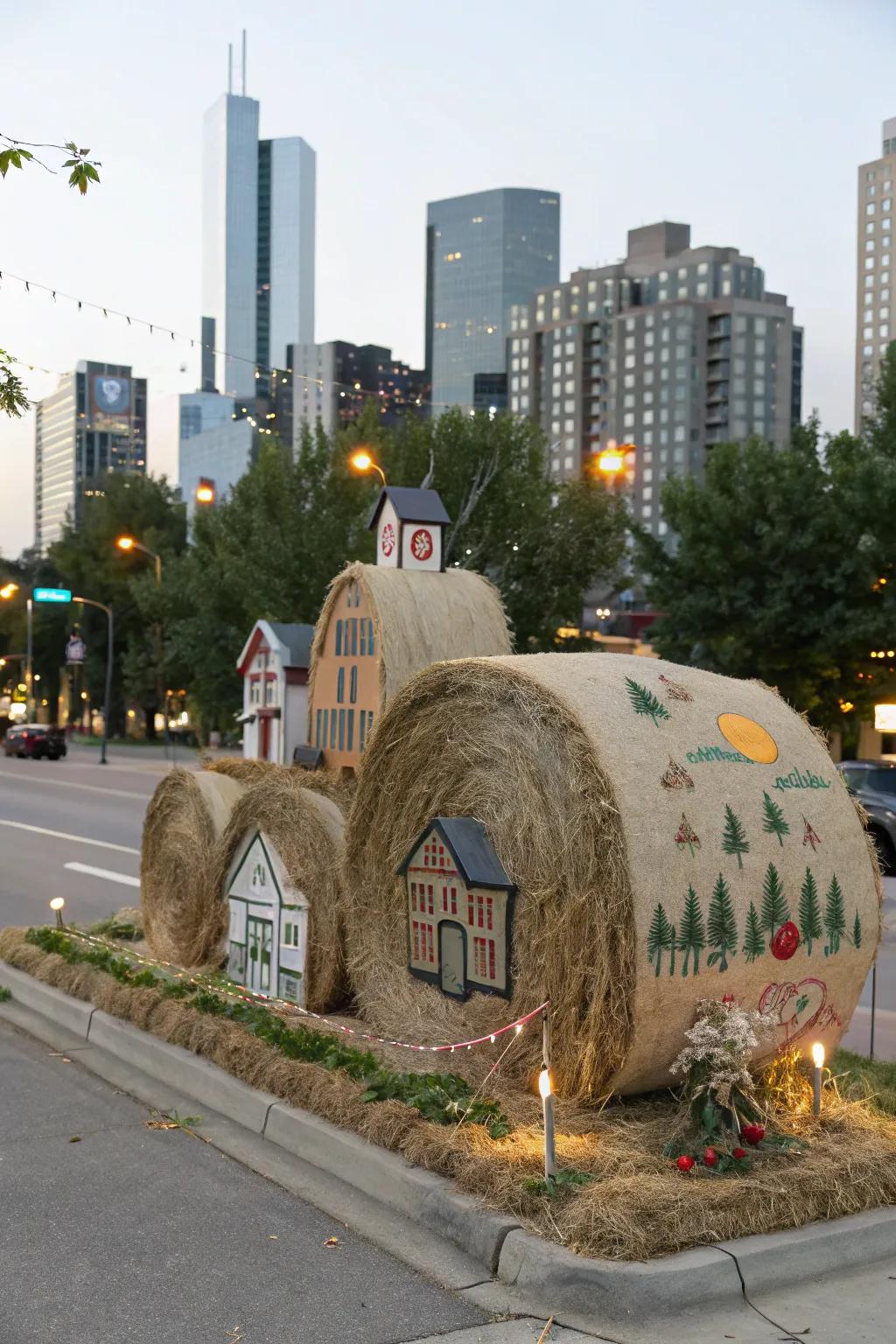 A hay bale cleverly turned into a bustling cityscape.
