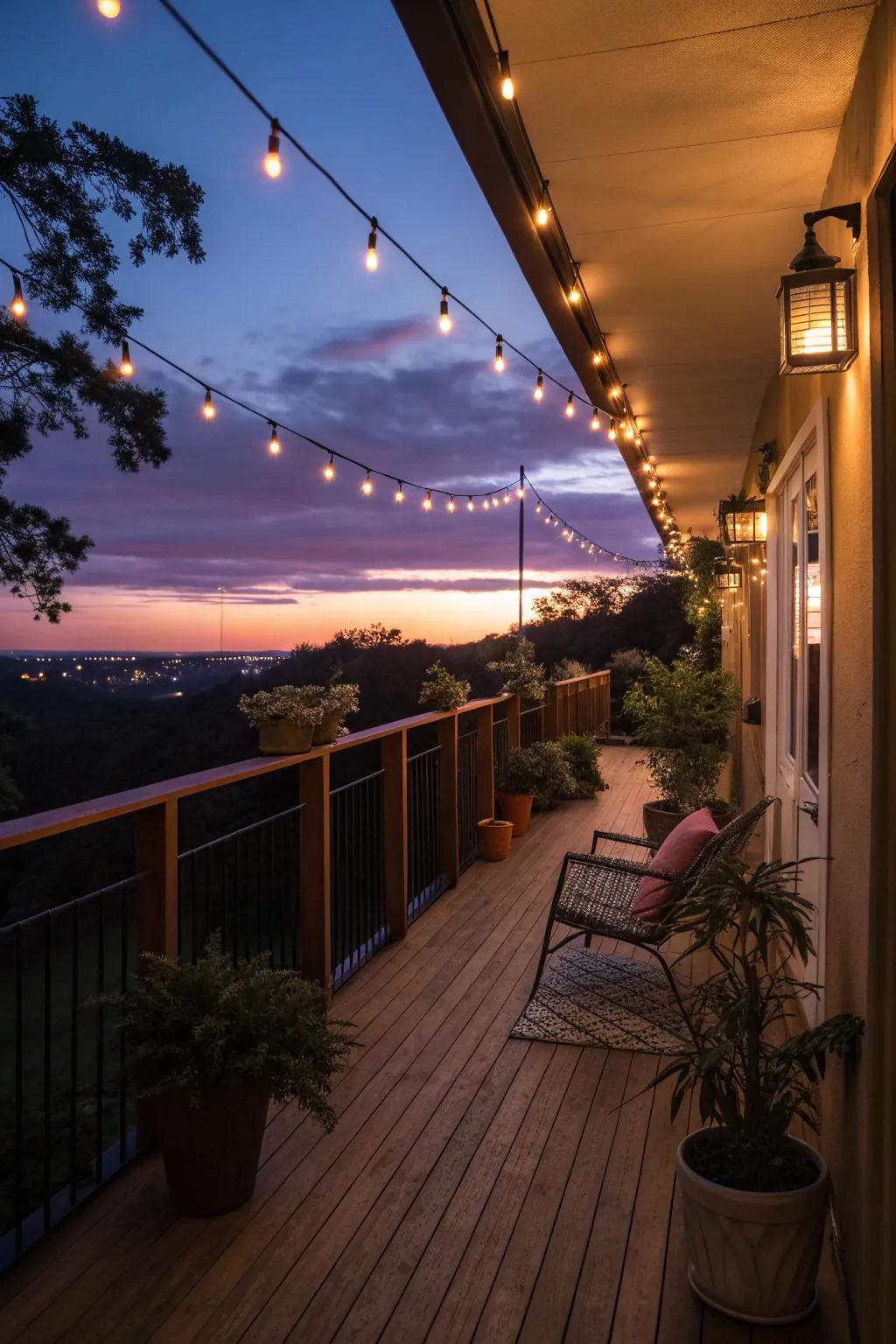 String lights add a warm glow to this cozy balcony setting.