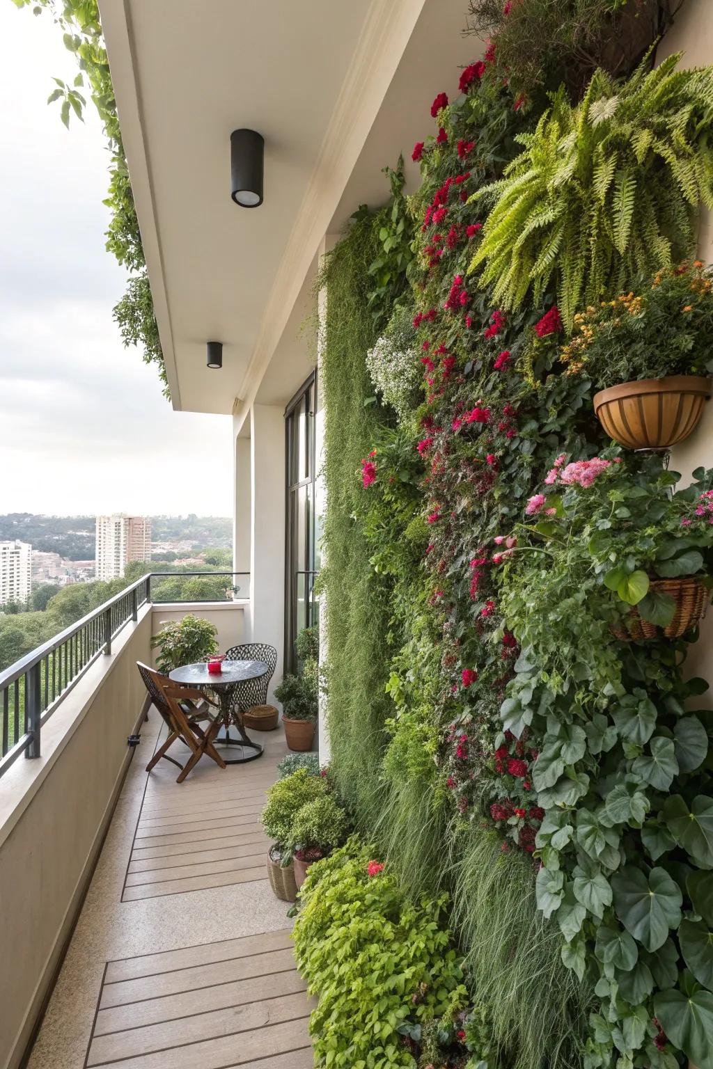 A vertical garden brings vibrant greenery to a balcony.