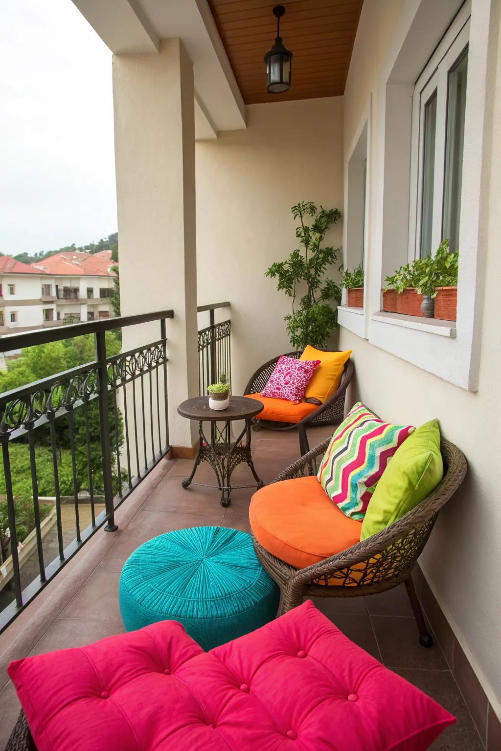 Bold cushions bring color and comfort to this lively balcony.