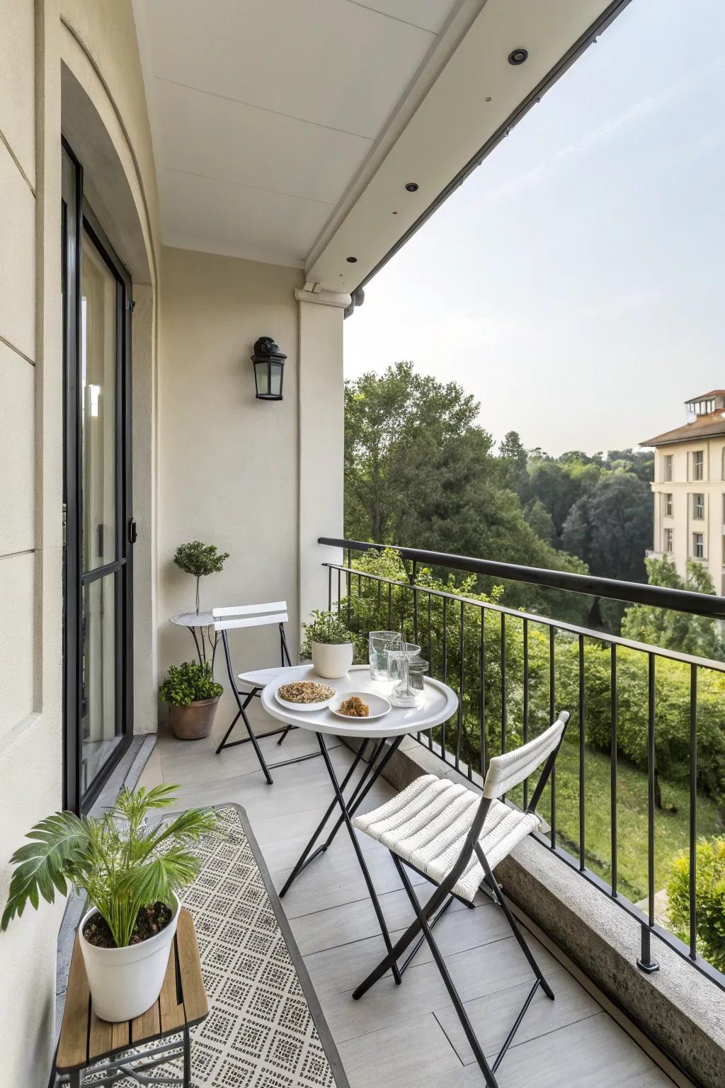 Flexible furniture allows for easy reconfiguration of a balcony space.