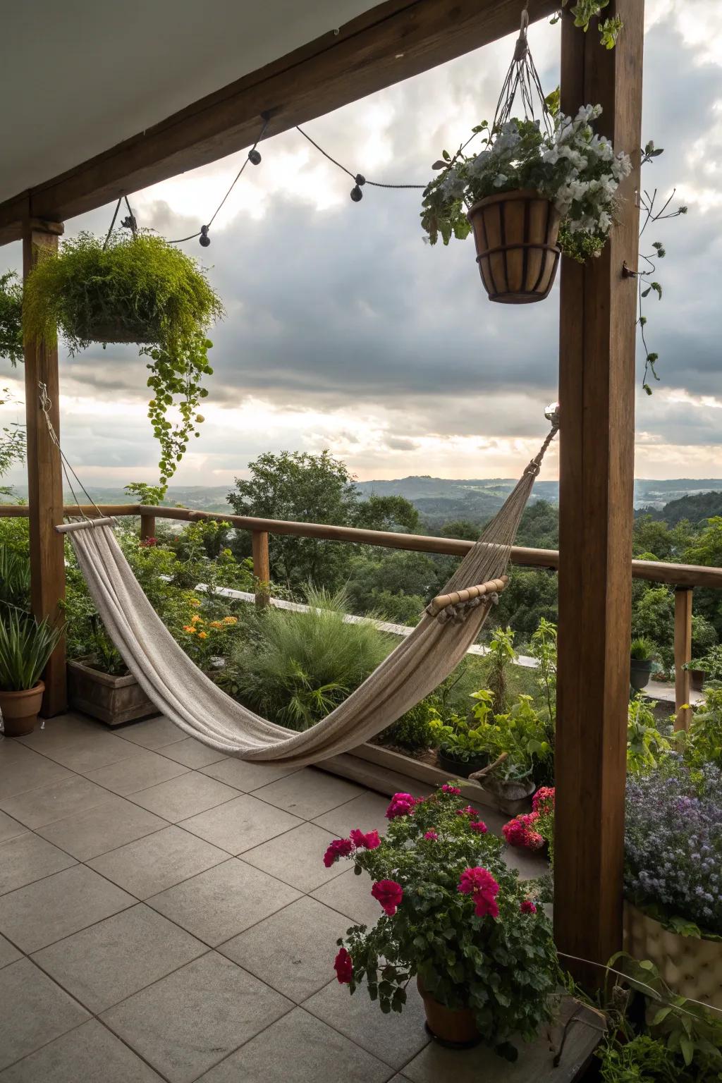 A hammock offers a unique relaxation spot on a balcony.