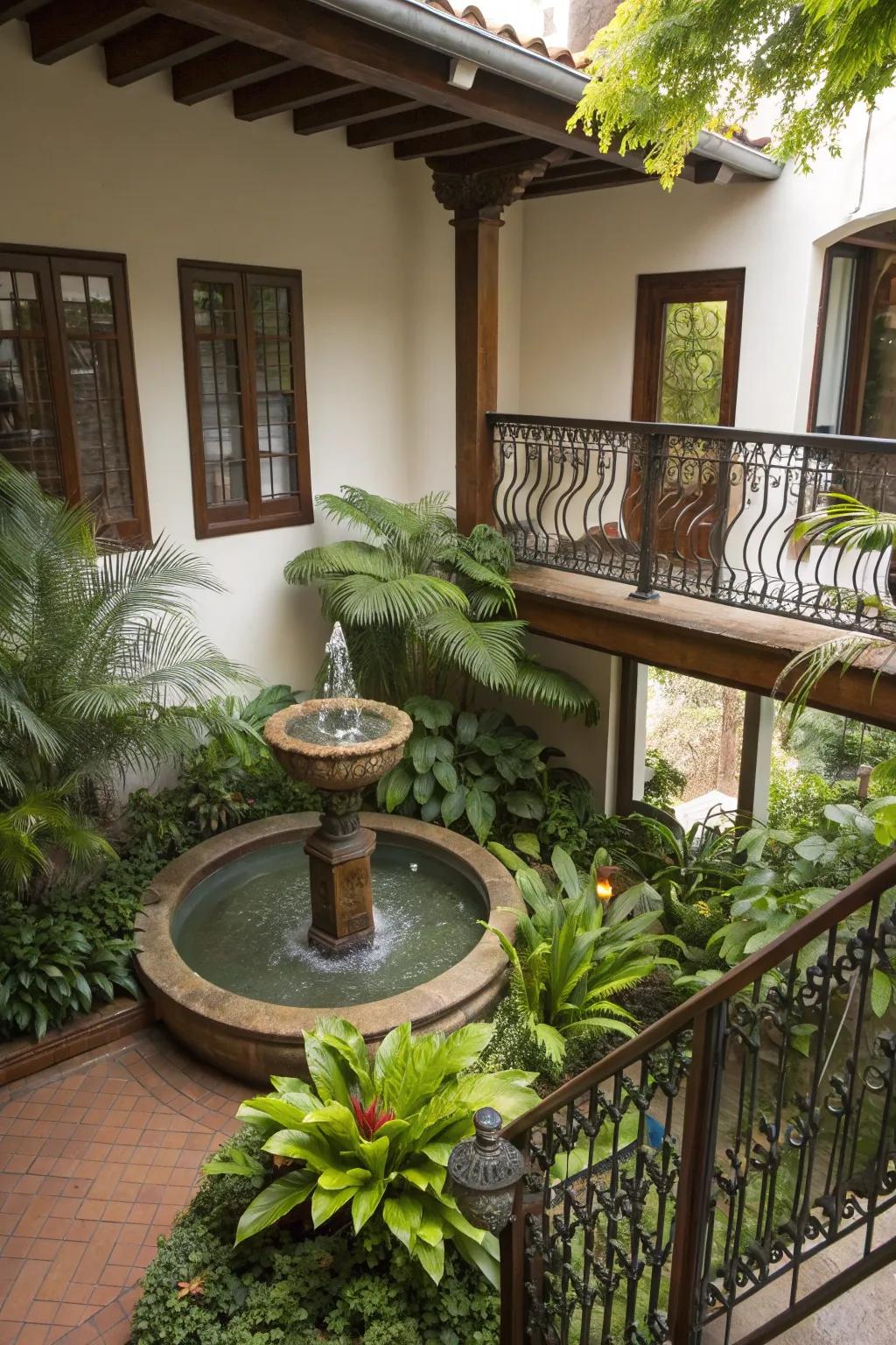 A water feature adds tranquility and elegance to this balcony.