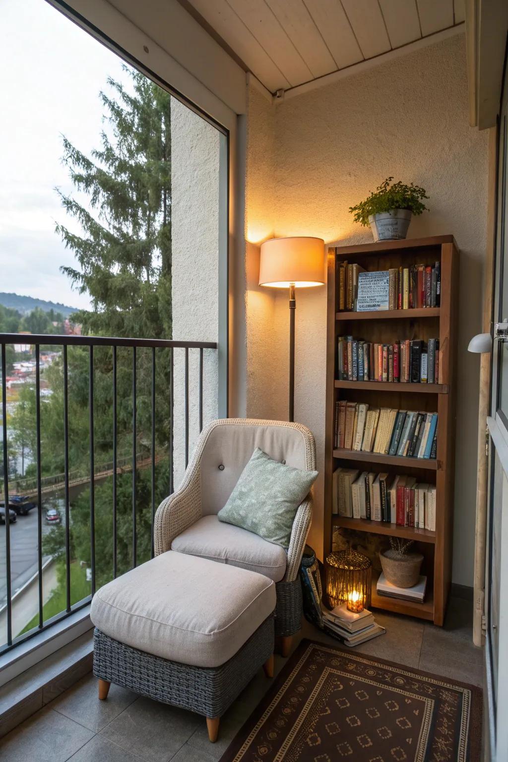 A balcony corner transformed into a peaceful reading nook.