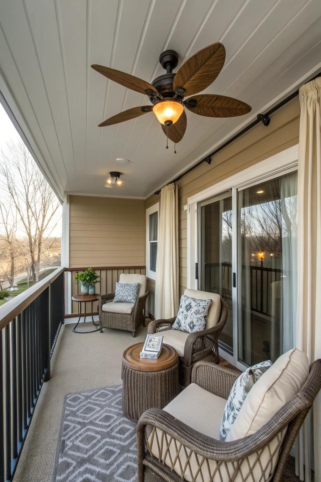 A ceiling fan ensures comfort on warm balcony days.