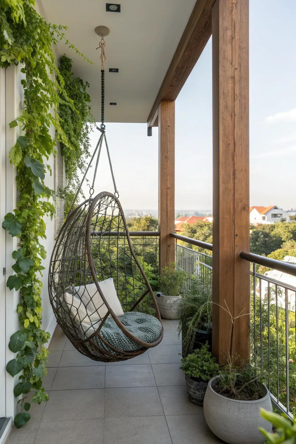 A swing chair adds a playful touch to a balcony.