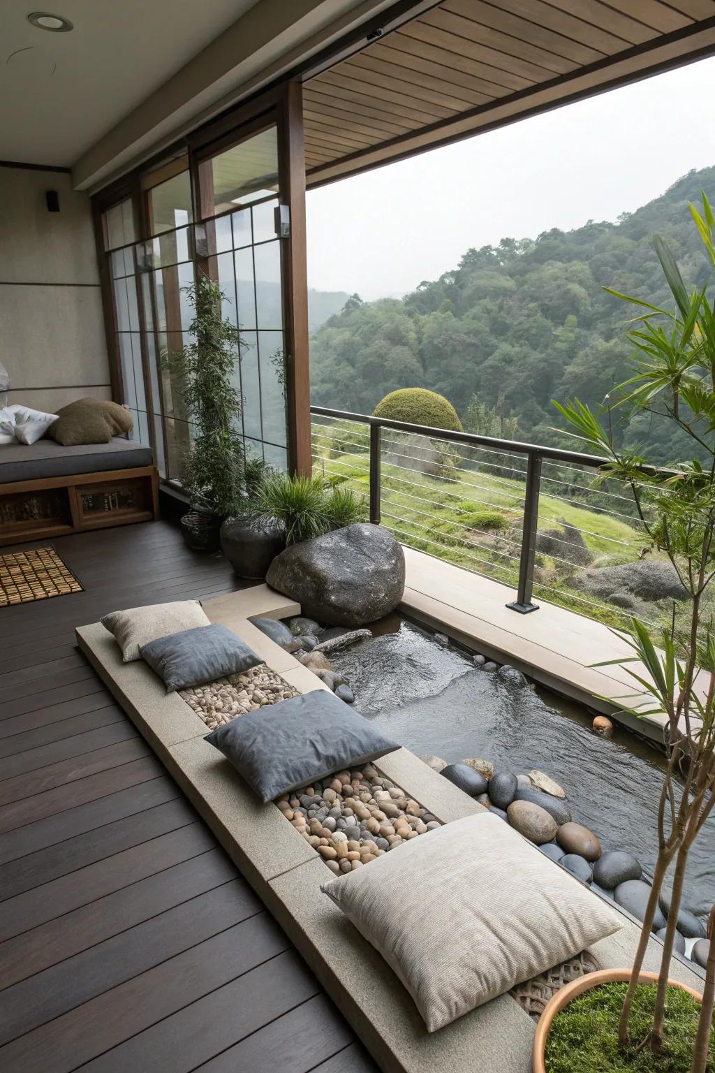A Zen corner offers tranquility and meditation space on a balcony.