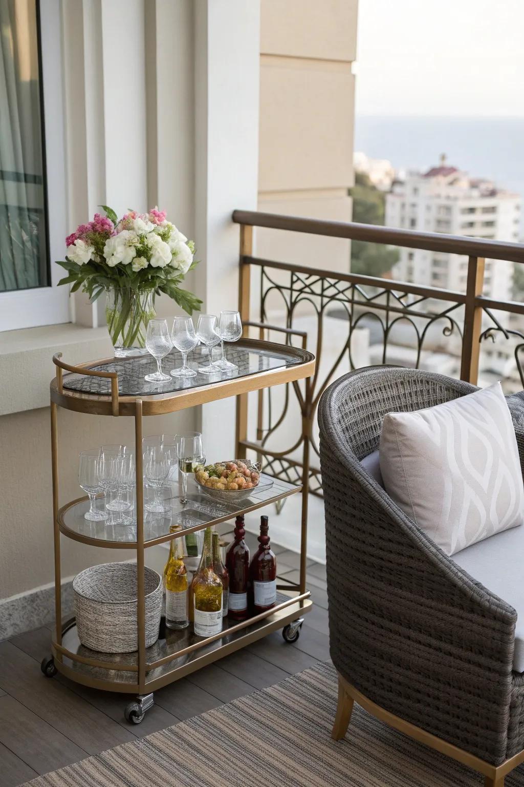 A bar cart makes entertaining on a balcony a breeze.