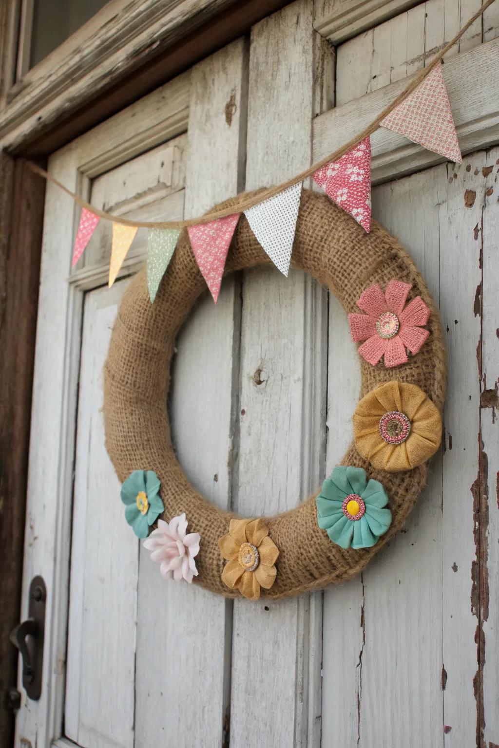 Rustic meets romantic with this burlap and bunting wreath.