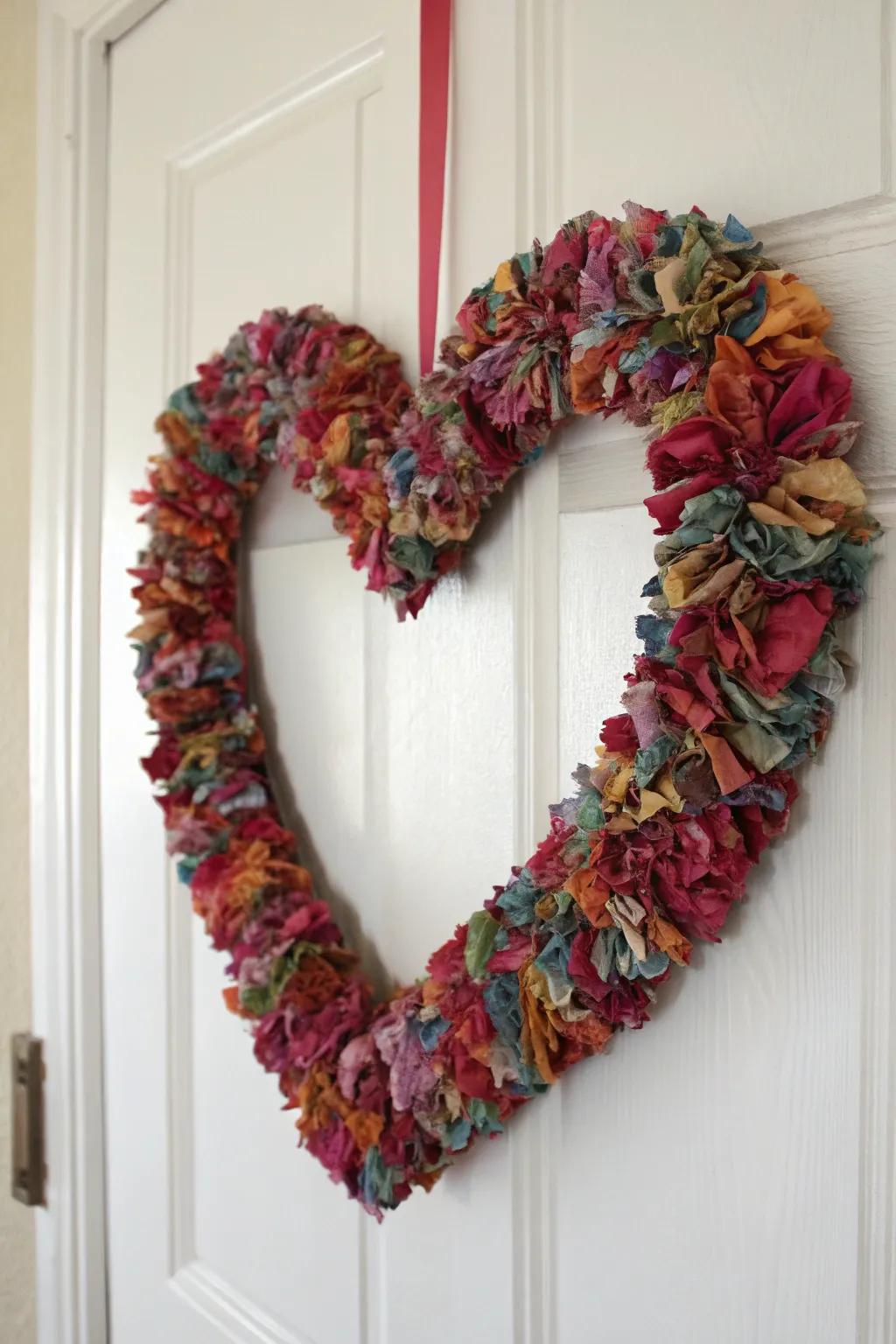 A playful and sustainable heart-shaped fabric rag wreath.