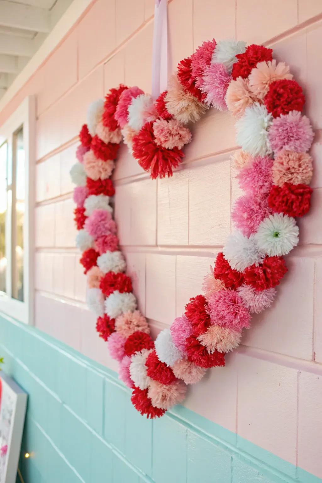 Soft textures and vibrant colors with a pom pom heart wreath.