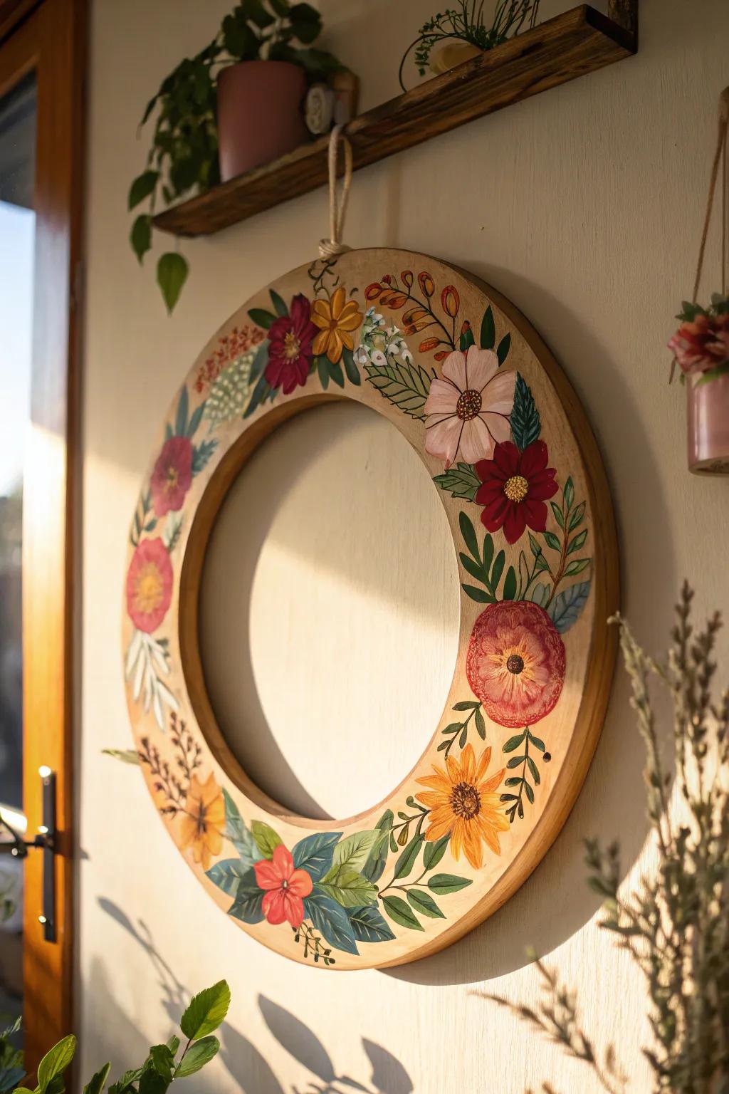 A touch of whimsy with a floral painted wood circle wreath.