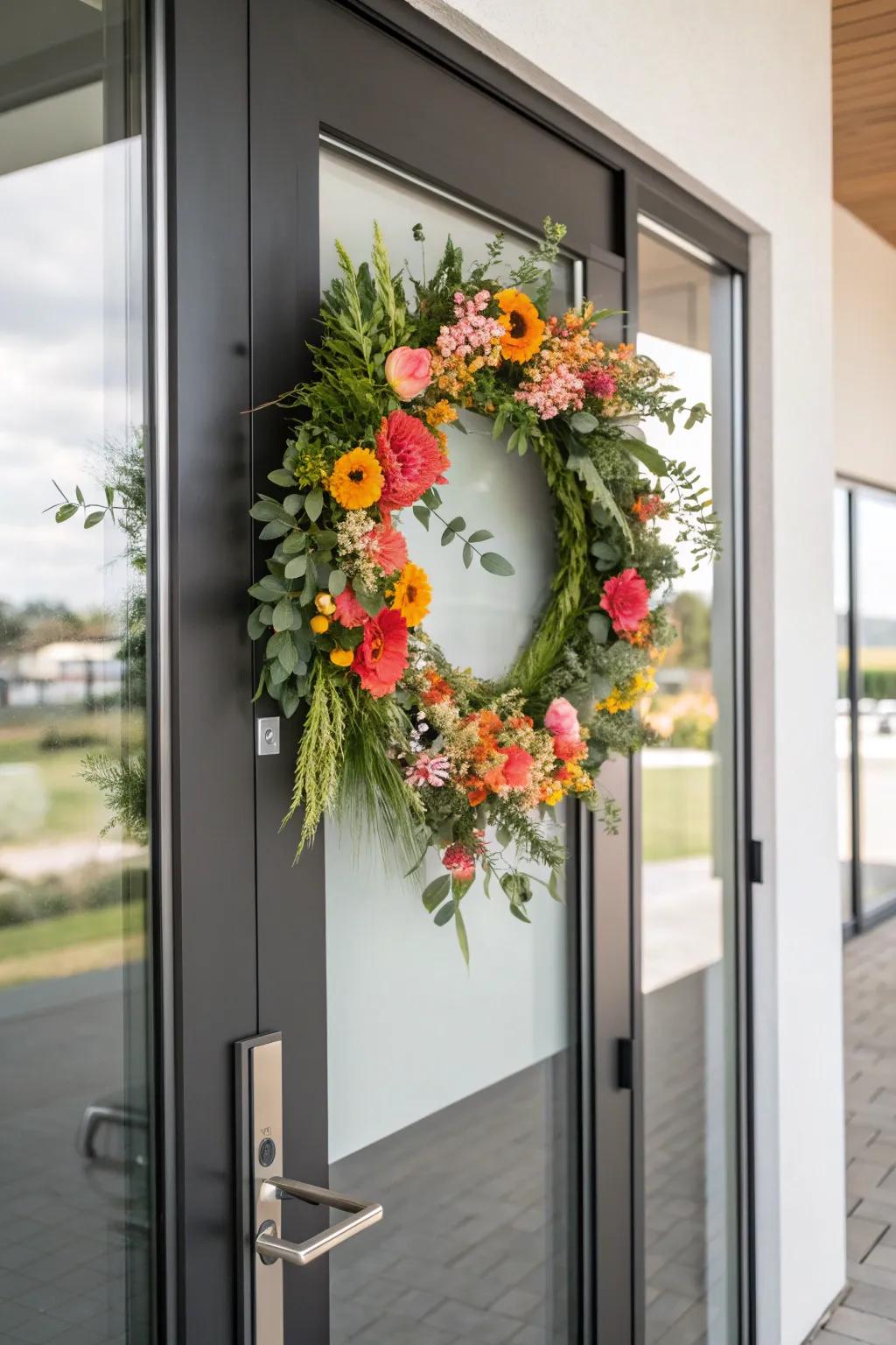 Brighten your space with a modern floral wreath.