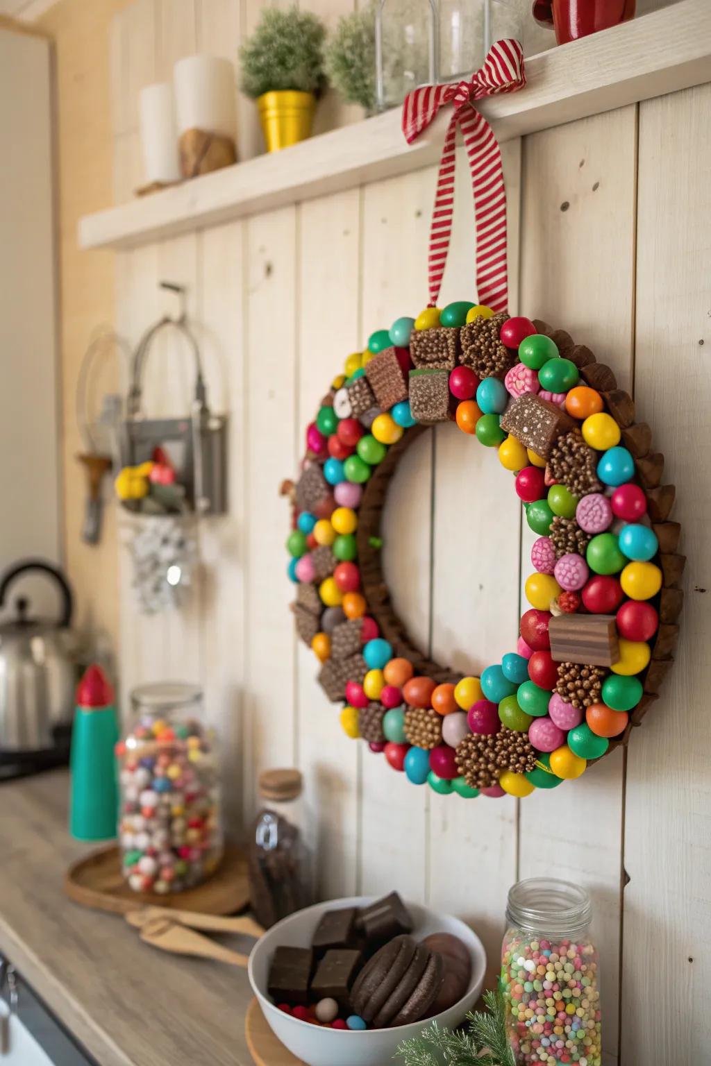 Sweeten your decor with a candy Valentine’s wreath.