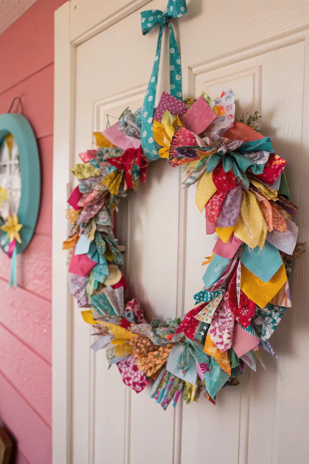 Eco-friendly and vibrant with a scrap fabric wreath.