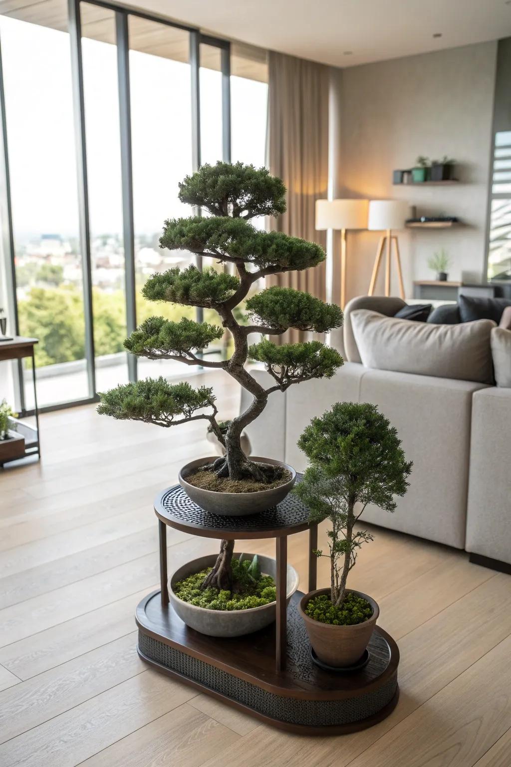 A tiered stand elegantly displaying a collection of bonsai trees.