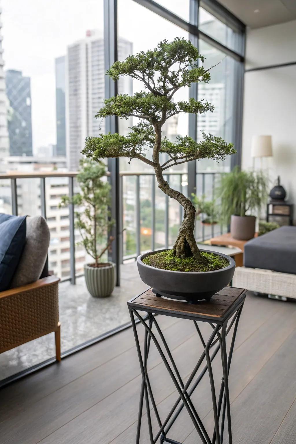 A bonsai tree displayed on a modern metal stand in a chic setting.