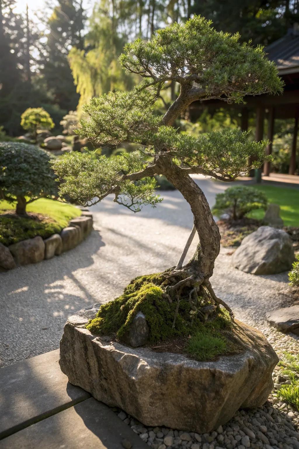 A bonsai tree set atop a natural stone base, enhancing its connection to nature.