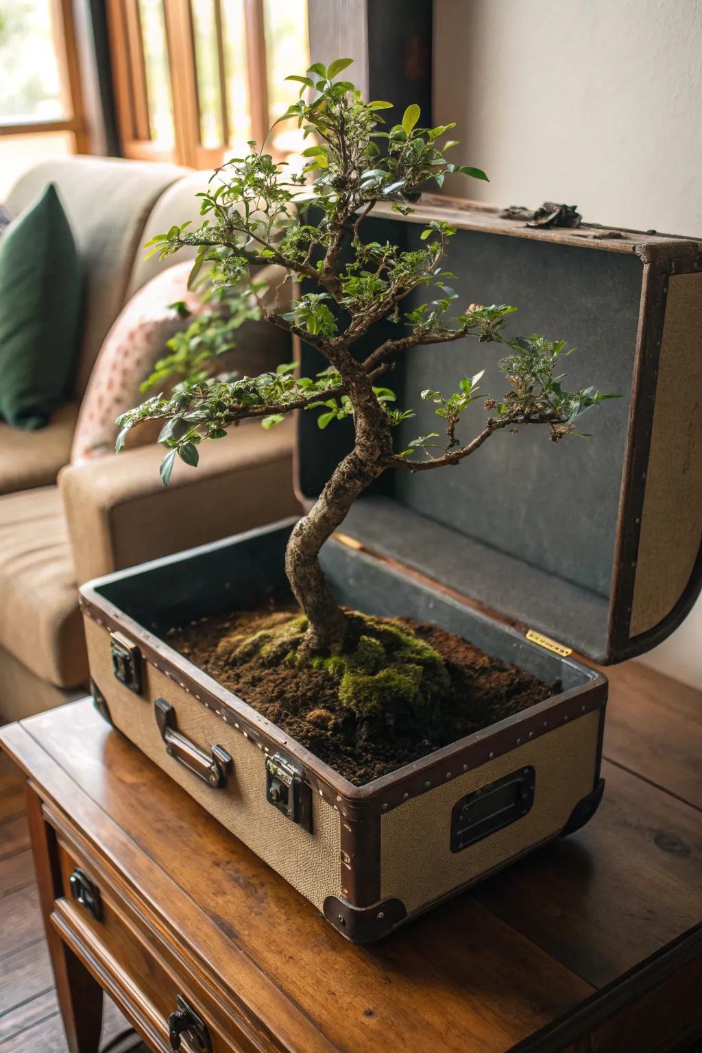 A bonsai tree creatively displayed in a vintage suitcase, adding personality.