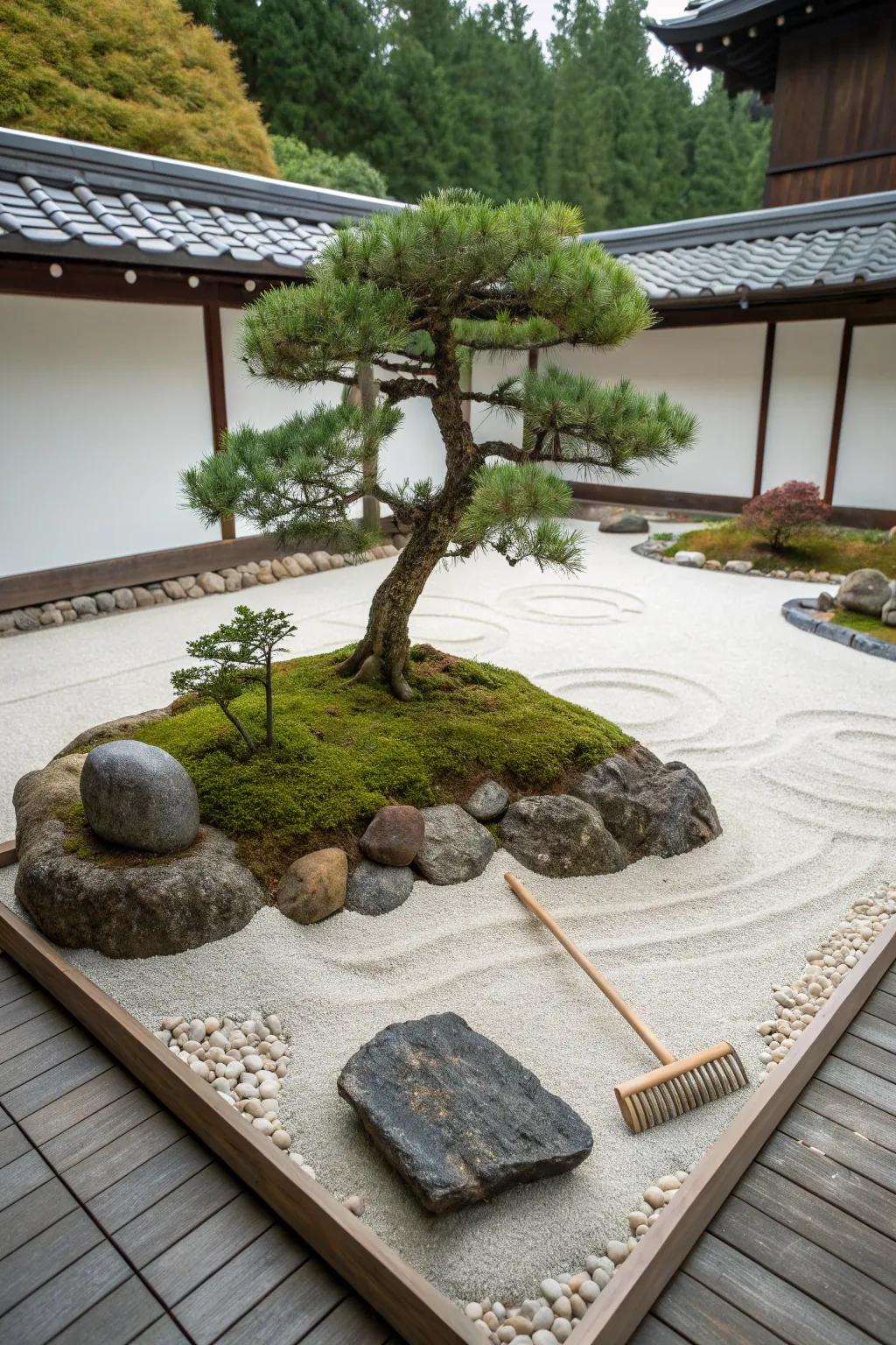 A Zen garden platform providing a serene display for a bonsai tree.
