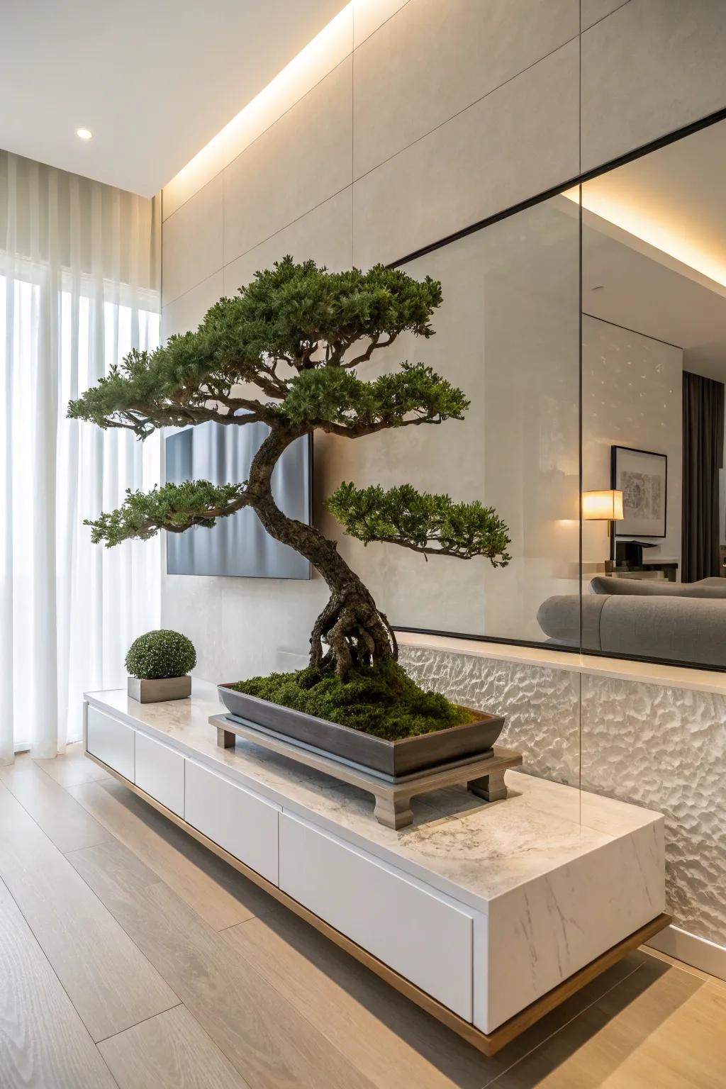 A bonsai tree on a floating shelf, maximizing space and style.
