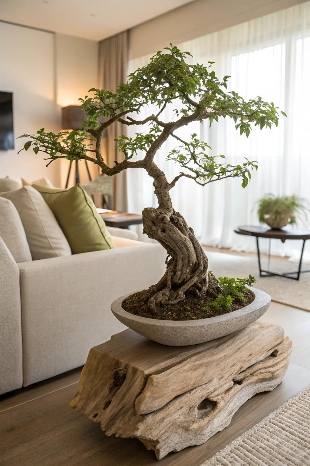 A sculptural driftwood base providing an artistic stand for a bonsai tree.