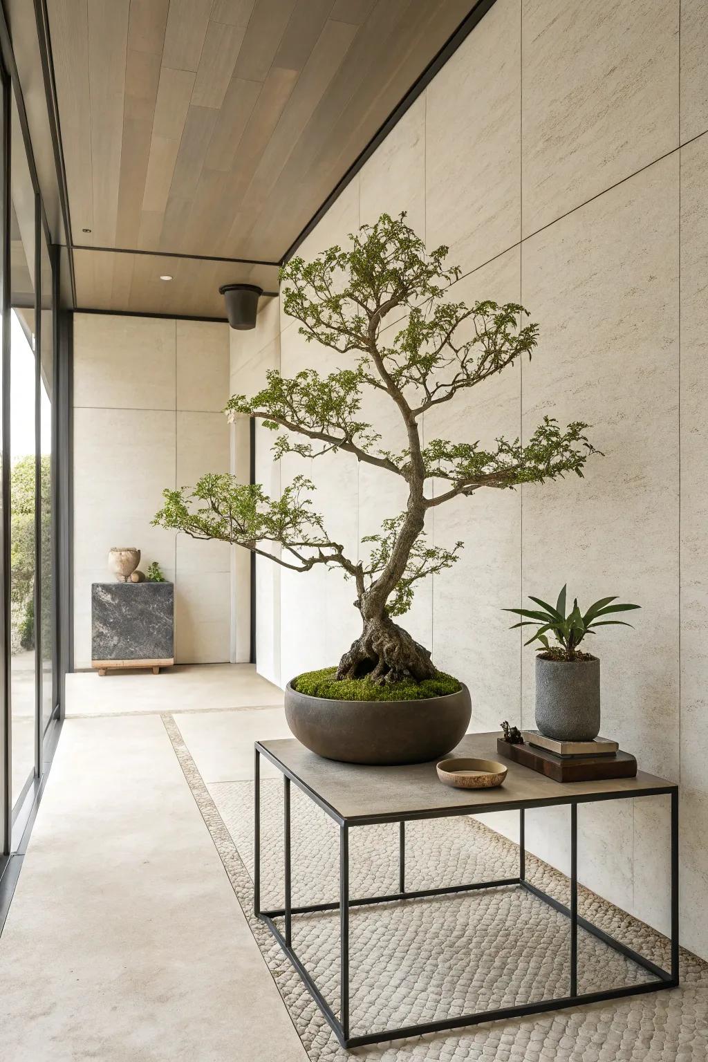 A bonsai tree elegantly displayed on a minimalistic metal frame.
