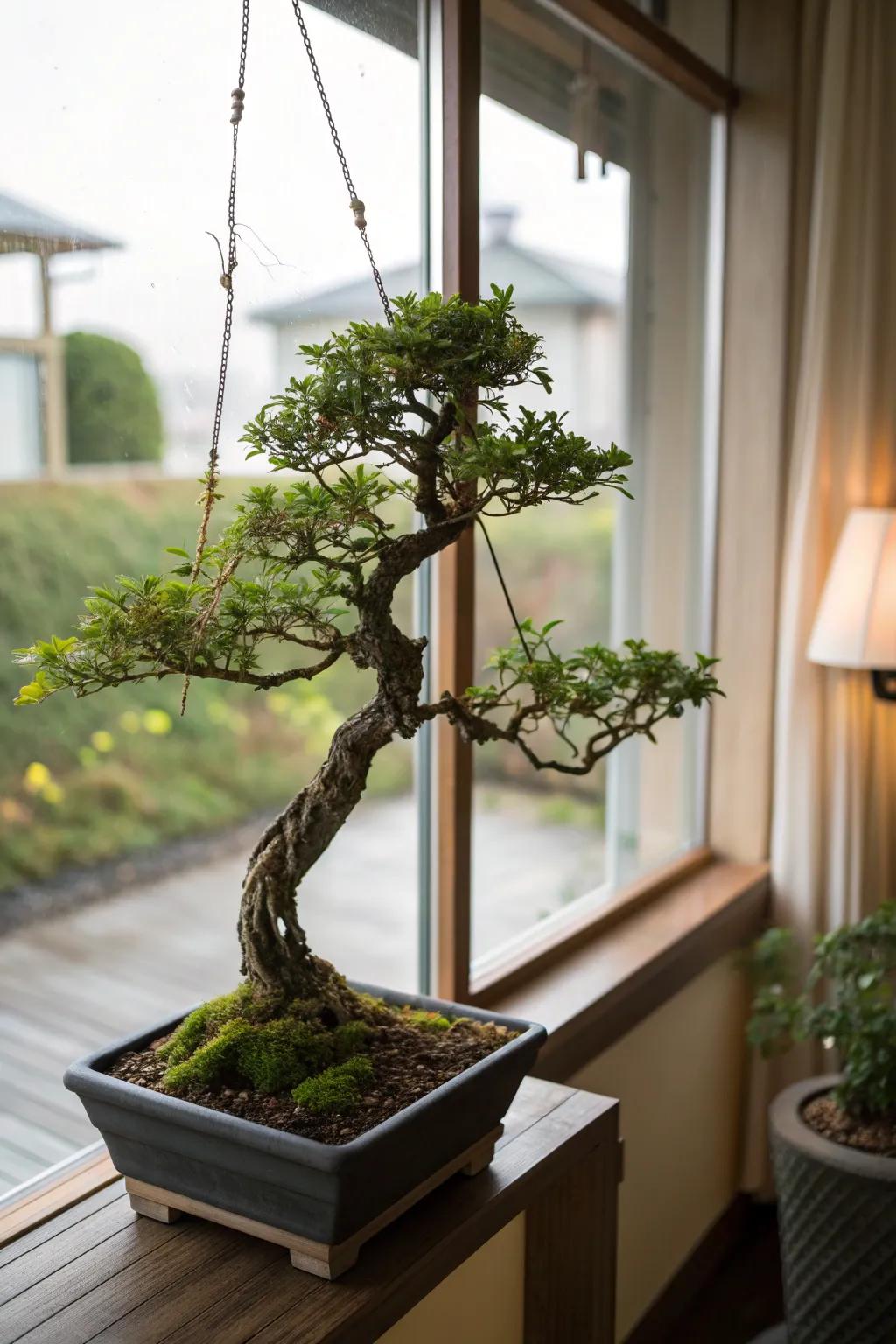 A whimsical hanging display for a bonsai tree, enhancing any room.