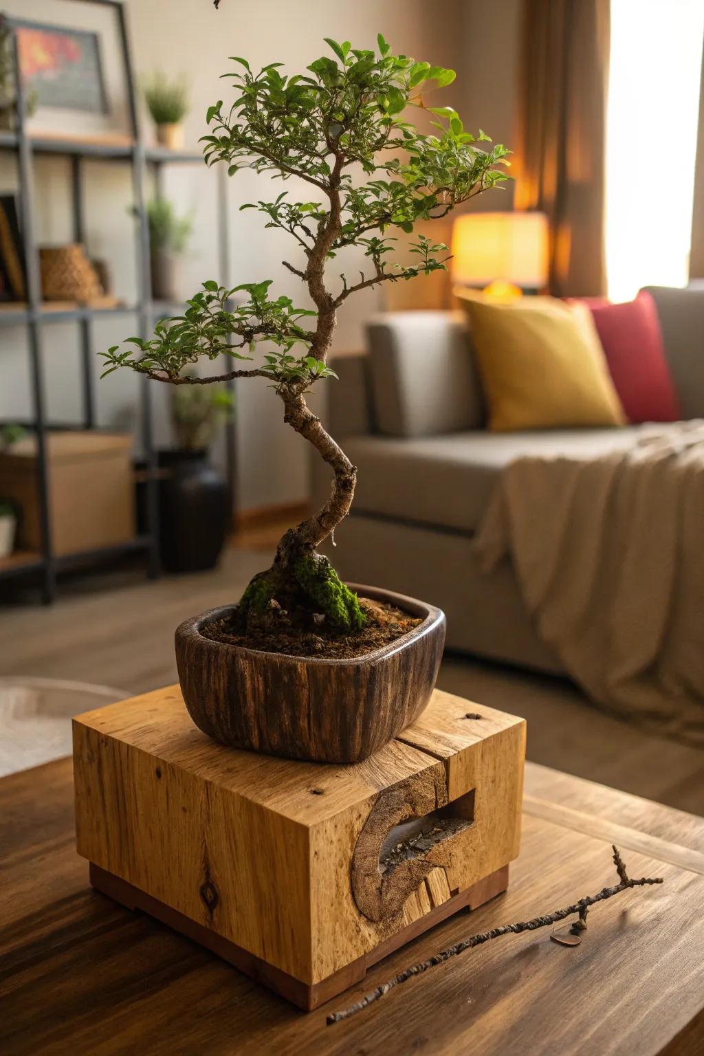 A bonsai tree displayed on a reclaimed wood block, showcasing sustainable style.