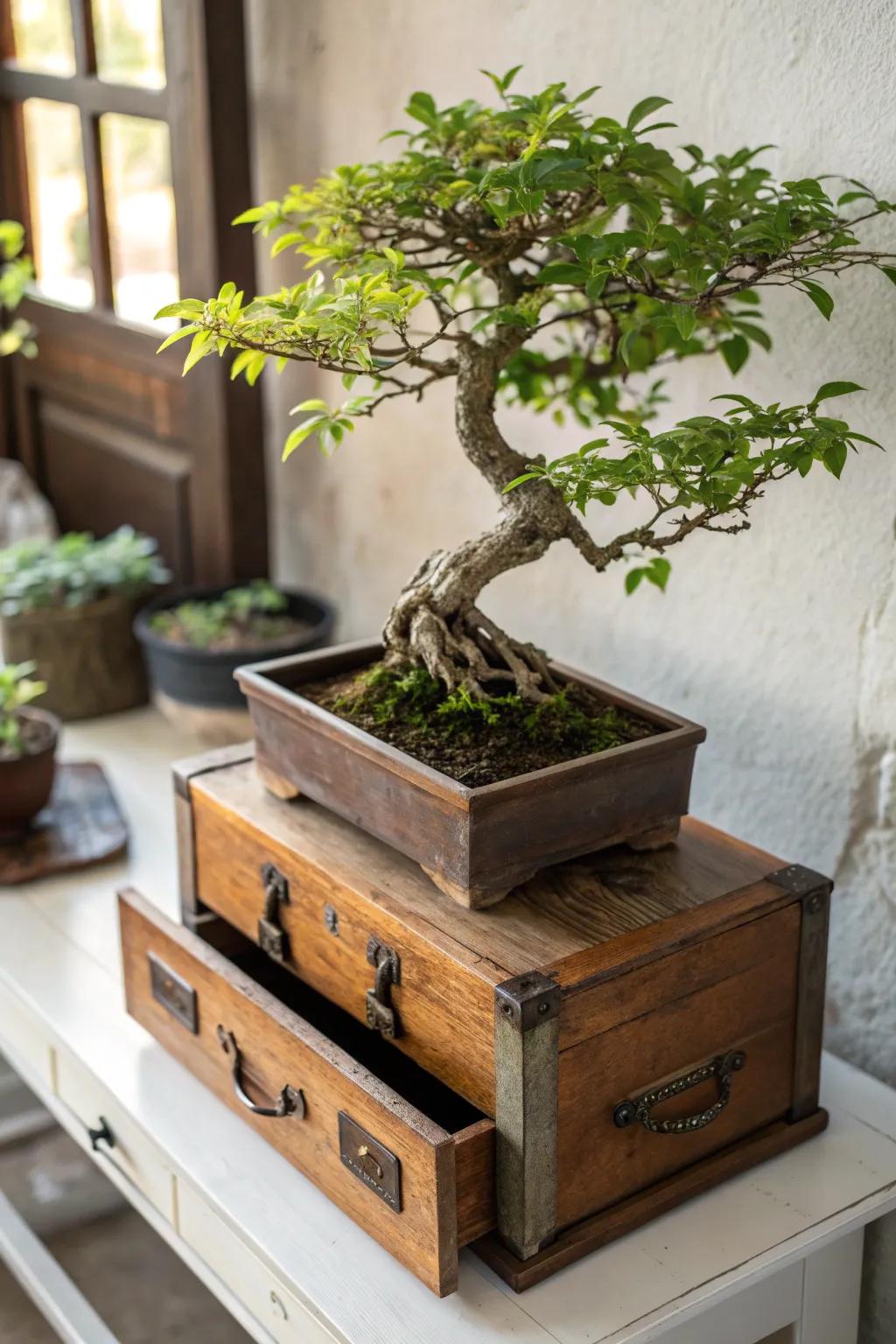 A bonsai tree creatively displayed in a vintage drawer, adding unique character.