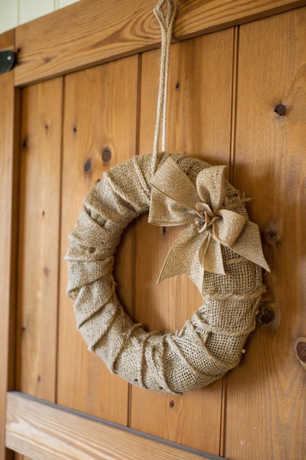 Rustic burlap mini wreath perfect for a cozy farmhouse aesthetic.
