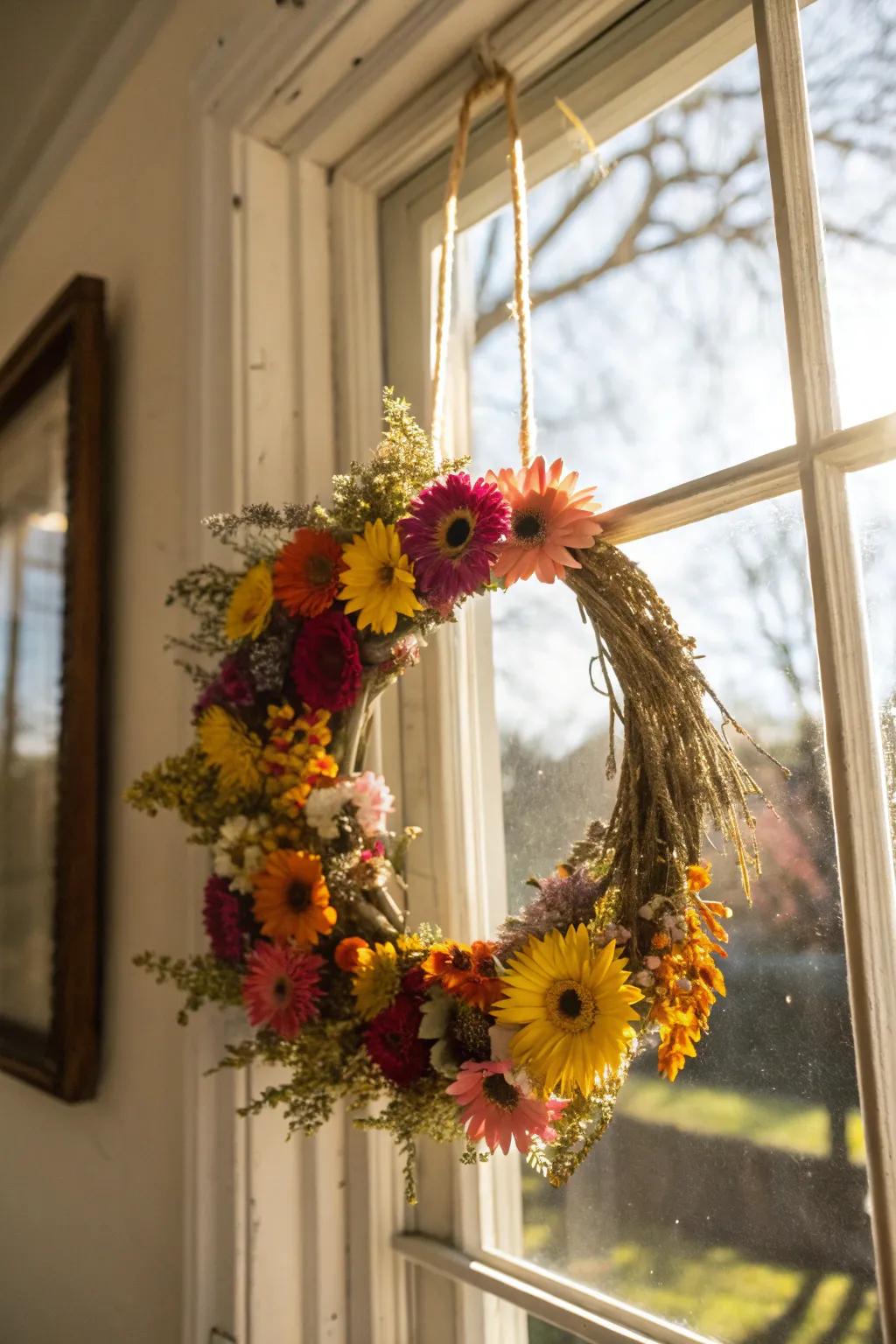 Vibrant floral mini wreath bringing color and charm to any window.